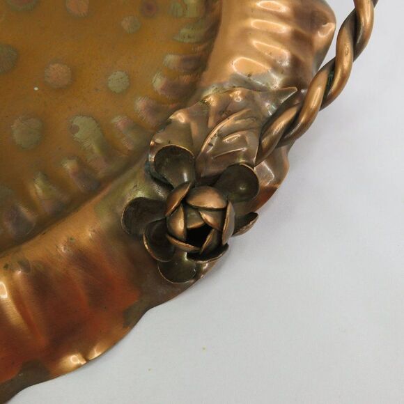 Gregorian Copper Serving Tray Hand Hammered Oval w Applied Flowers Twist Handles - Picture 6 of 10